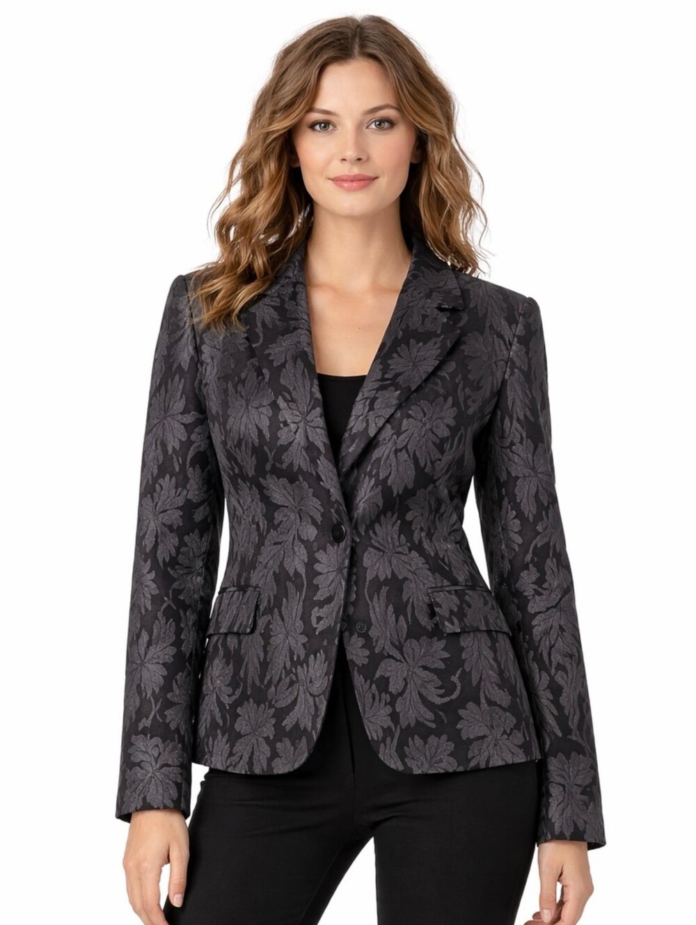 Max Mara Virgin Wool Silk Brocade Jacquard Blazer Jacket Gray Black US Size 4